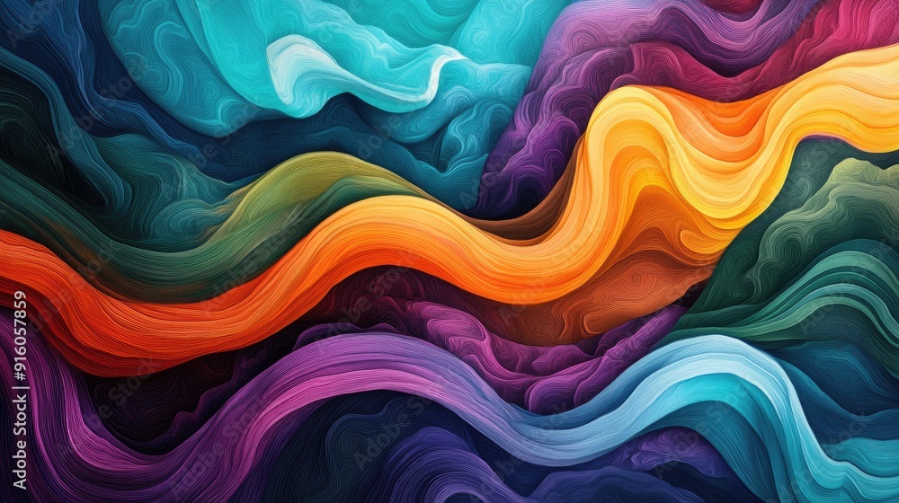Poster Dynamic waveforms in vibrant colors form intricate patterns in a stunning abstract art piece