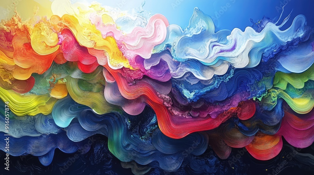 Poster Dynamic waveforms in vibrant colors form intricate patterns in a stunning abstract art piece