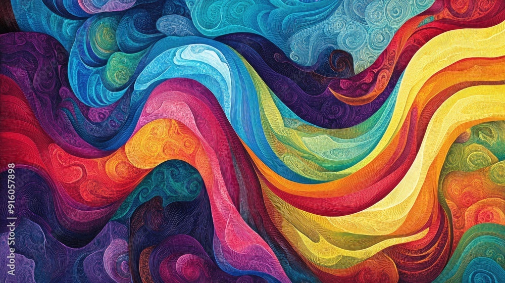 Poster Dynamic waveforms in vibrant colors form intricate patterns in a stunning abstract art piece
