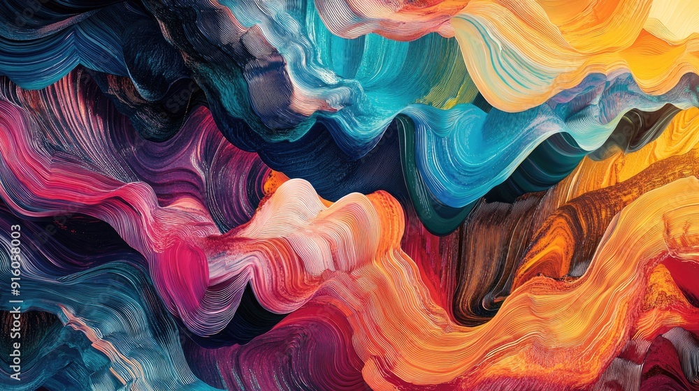 Poster flowing, multicolored waveforms create intricate, vibrant patterns in this stunning, dynamic abstrac
