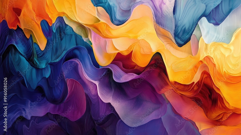 Poster flowing, multicolored waveforms create intricate, vibrant patterns in this stunning, dynamic abstrac