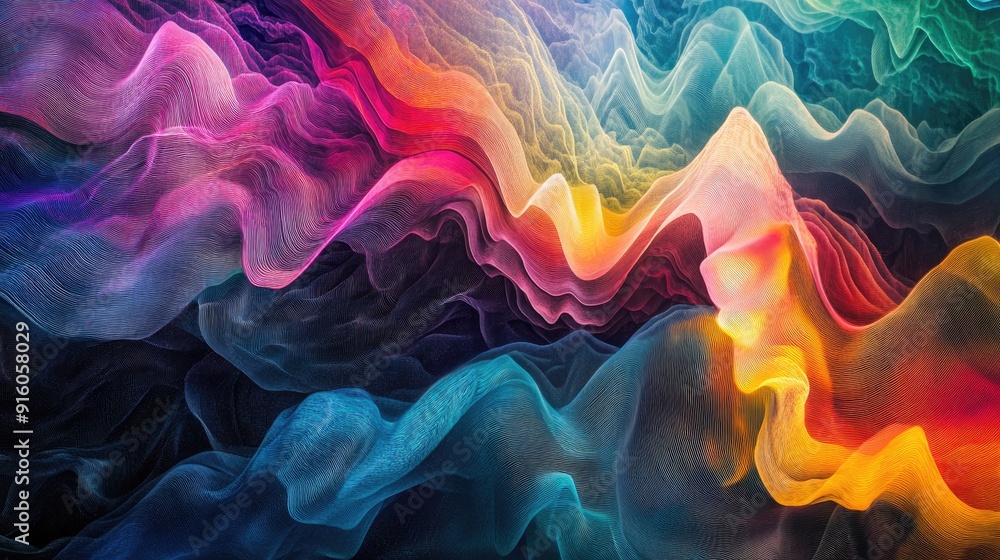 Poster flowing, multicolored waveforms create intricate, vibrant patterns in this stunning, dynamic abstrac