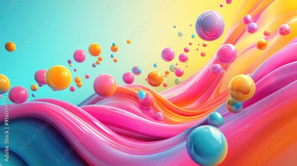Poster flowing multicolored waves with vivid 3d colorful spheres, creating a vibrant and energetic visual f