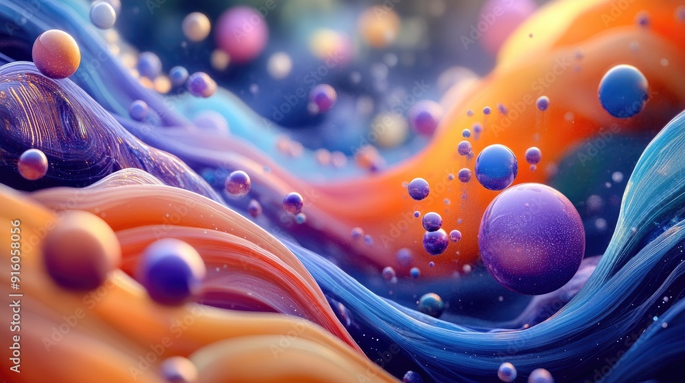 Poster flowing multicolored waves with vivid 3d colorful spheres, creating a vibrant and energetic visual f