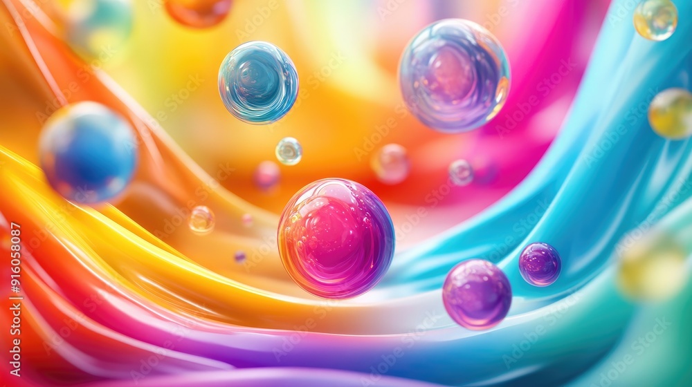 Poster flowing multicolored waves with vivid 3d colorful spheres, creating a vibrant and energetic visual f