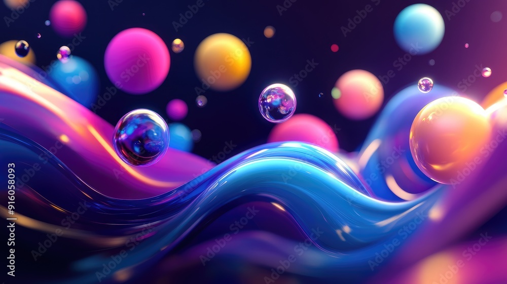 Aufkleber flowing wave forms with vibrant 3d colorful spheres, creating a dynamic and eye-catching visual effe