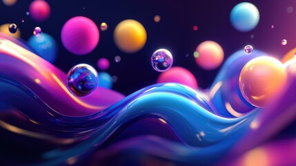 Flowing wave forms with vibrant 3D colorful spheres, creating a dynamic and eye-catching visual effect
