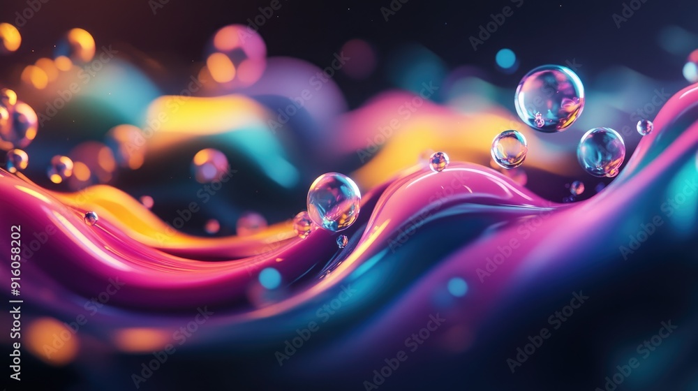 Poster flowing wave forms with vivid 3d colorful spheres, creating a vibrant and dynamic visual for artisti