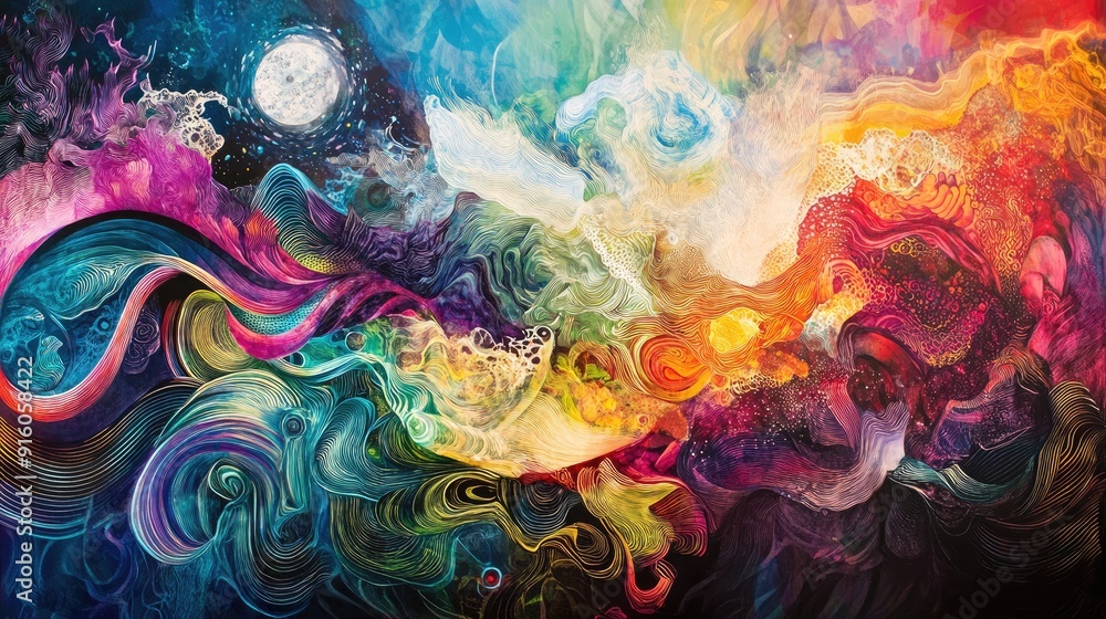 Poster intricate patterns and vibrant waveforms in multicolored hues create a stunning, dynamic abstract ar