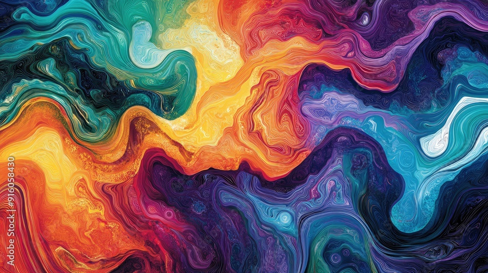 Poster intricate patterns and vibrant waveforms in multicolored hues create a stunning, dynamic abstract ar