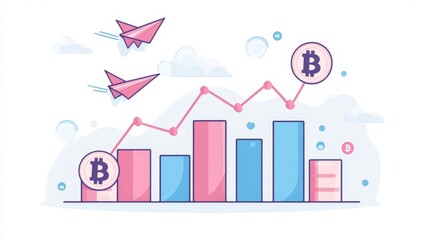 Fototapeta premium 3D flat illustration of cute cartoon graph with blue and pink bars showing rising business growth concept, a paper plane flying over a pile of coins near bar charts with a bitcoin symbol 