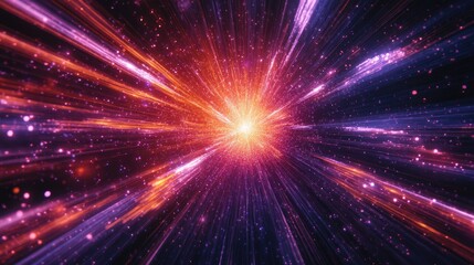 Naklejka premium Neon light rays forming a starburst in the galaxy, dynamic lines exploding in the universe on a black background
