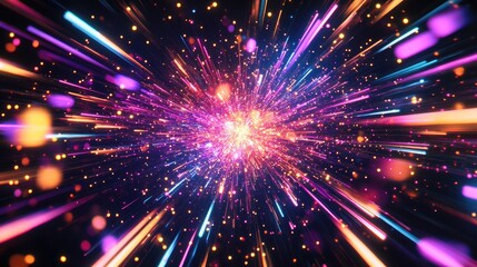 Naklejka premium Vibrant neon starburst with dynamic light rays, galaxy explosion in the universe on black, a generative AI creation