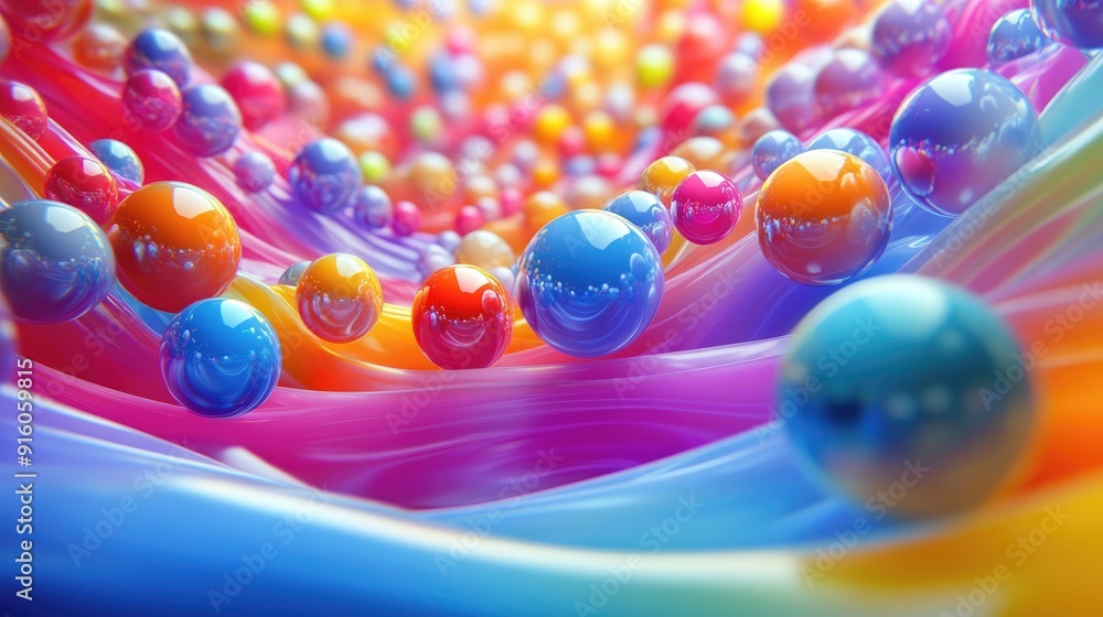 Poster Vivid 3D colorful spheres flowing within multicolored wave forms, creating a dynamic visual effect for artistic expression