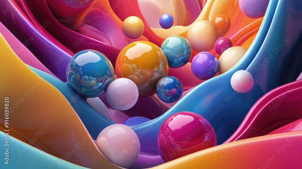 Poster vivid 3d colorful spheres flowing within multicolored wave forms, creating a dynamic visual effect f