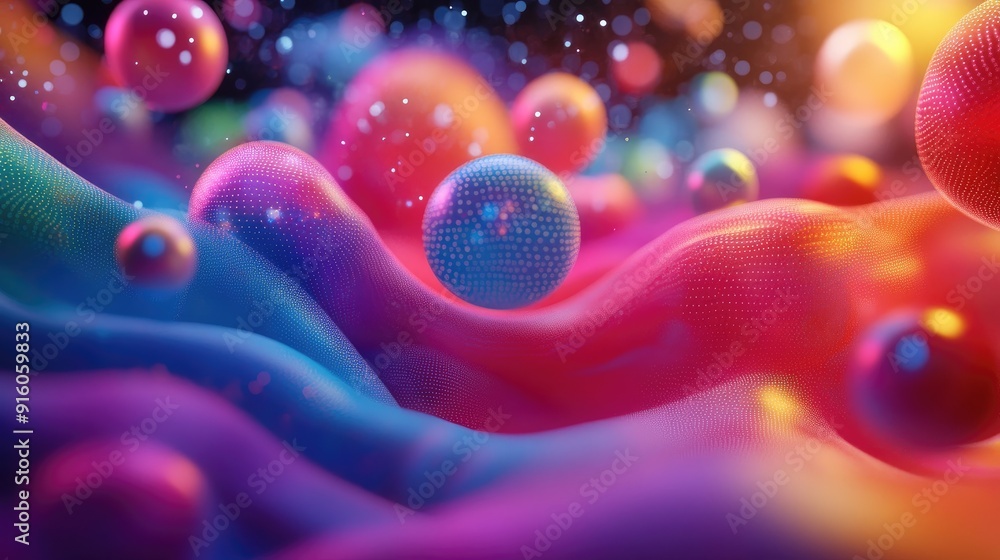 Poster Vivid 3D colorful spheres flowing within multicolored wave forms, creating a dynamic visual effect for artistic expression