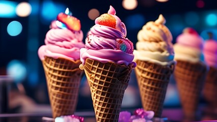Various creamy ice cream in waffle cones close up
