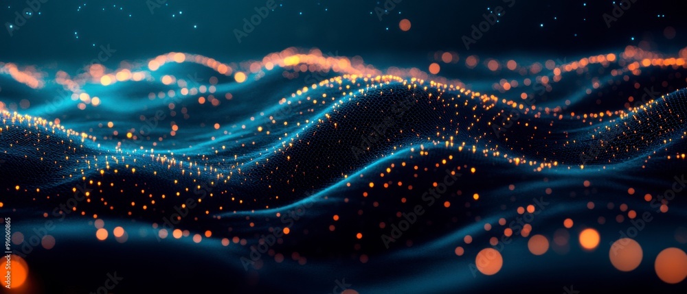 Poster an abstract representation of a cybersecurity network: glowing nodes and lines in a dark digital env