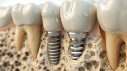 A close-up of a dental implant with a white crown, showing the implant screw inserted into the jawbone.