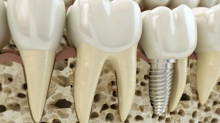 A close-up view of a dental implant, with the implant screw inserted into the jawbone and a crown placed on top, showing the surrounding natural teeth and jawbone structure.