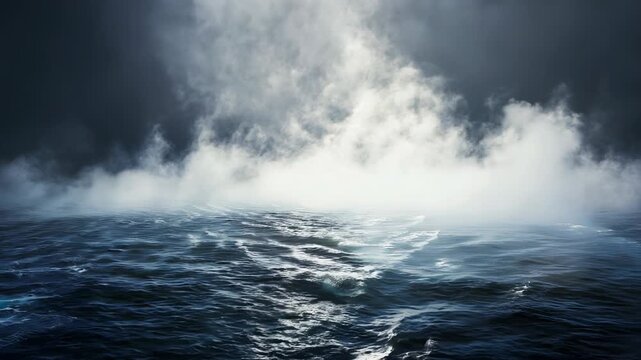 Thick sea mist rises from dark ocean surface. Light and shadow dance through vapor plumes, creating an ethereal scene.	