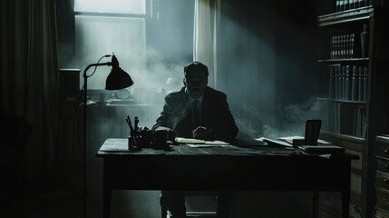 Fototapeta premium a detective seated at a desk in a dark room
