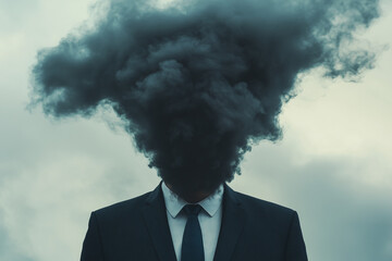 A figure in a suit with a head made of swirling black smoke, symbolizing confusion or stress.