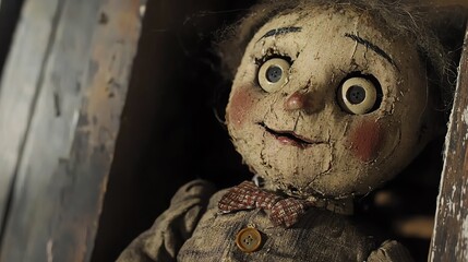 Creepy vintage doll with large eyes and a sinister smile.