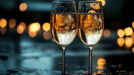 Two Glasses of Champagne in the Rain with Bokeh Lights