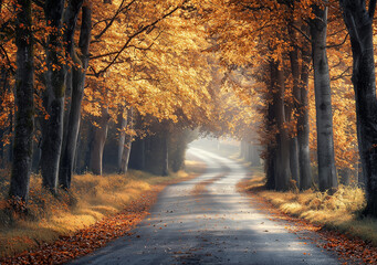 Obraz premium a winding country road lined with trees in full autumn colors, fallen leaves covering the ground, soft sunlight breaking through the canopy, misty morning, tranquil and peaceful 
