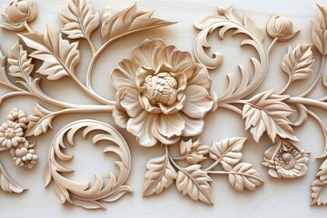 Wooden floral design with intricate details, showcasing a delicate and ornate pattern. Features a graceful vine with leaves and a flower, representing growth, beauty, and nature.