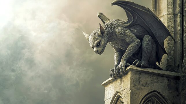 A stone gargoyle statue perched on a building, its wings spread wide.