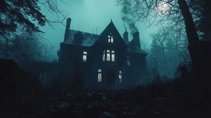 Haunted house with eerie windows
