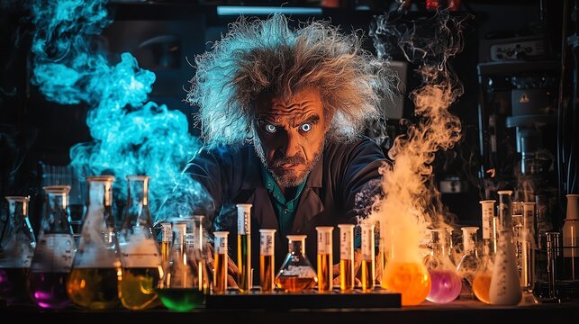 A mad scientist with wild hair and a beard stares intensely at his experiment, with beakers and test tubes bubbling and smoking around him.