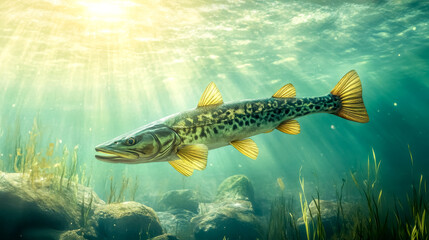 Fototapeta premium Freshwater fish swimming in sunlit lake water