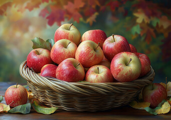 A close-up of a basket filled with freshly picked apples, set against a backdrop of an autumn orchard, soft natural light, high detail, realistic textures, seasonal warmth.
