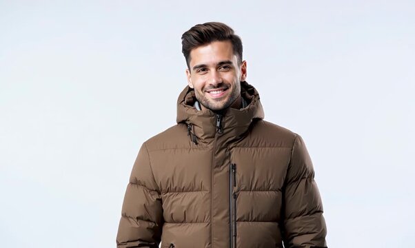Lifestyle portrait video of a pleased man in his 30s wearing a warm parka against a white background