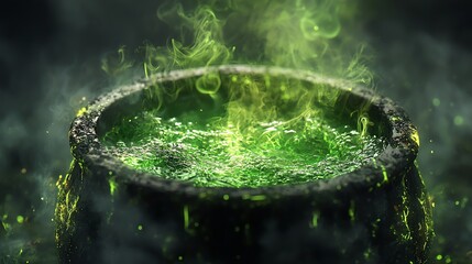Closeup of a bubbling cauldron with green liquid and magical smoke.