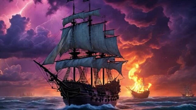 pirate ship in the great seas, adventuring to explore the seas