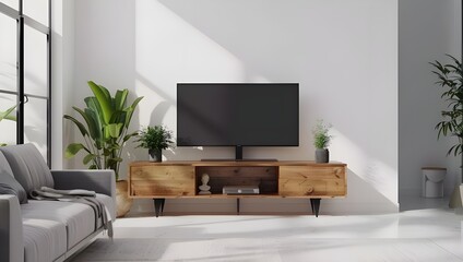 Minimalist living room with a wooden TV stand, white walls and a grey sofa, a black flat screen television on the cabinet.