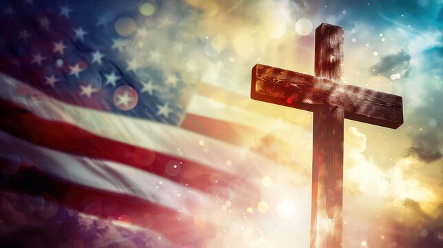 A wooden cross stands tall against a blurred background of an American flag and glowing light.