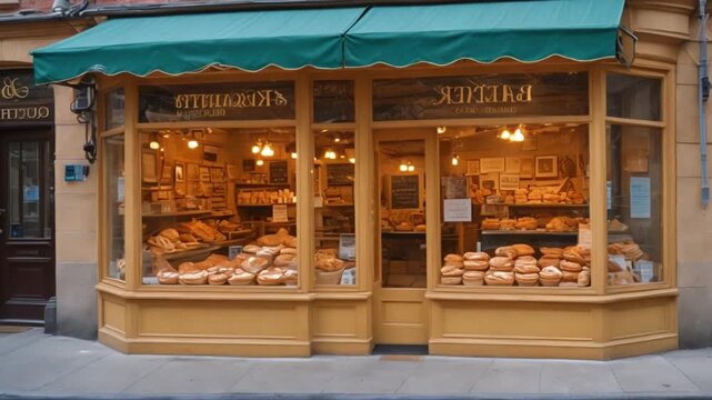 a bakery on the side of the road, displays bread in its shop that looks delicious