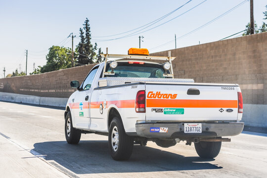 April 10, 2020 Antioch / CA / USA - Caltrans service pickup truck driving on the freeway in East San Francisco Bay Area