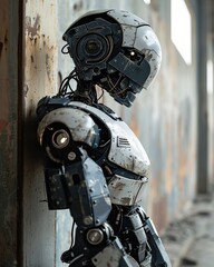 Fototapeta premium Robot against wall made of metal in an abandoned factory, close-up