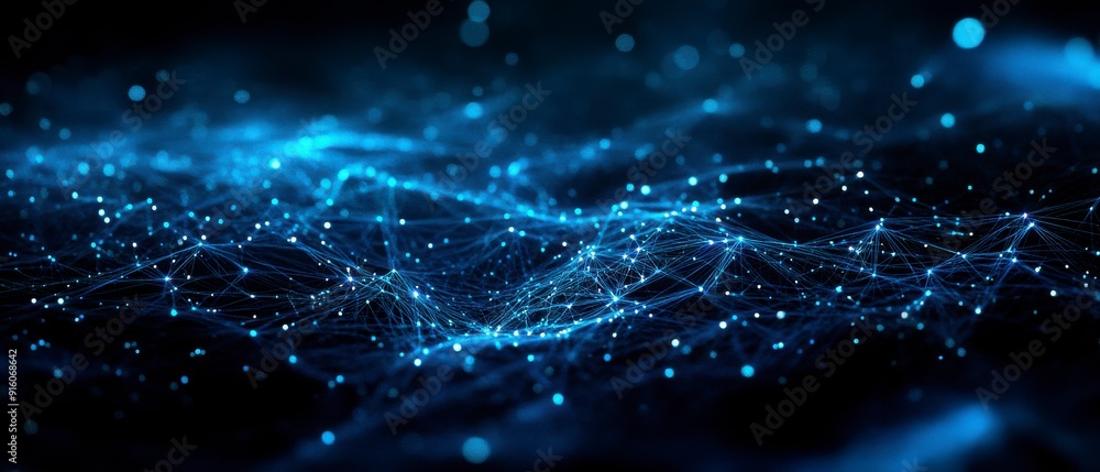 Poster an abstract representation of a cybersecurity network: glowing nodes and lines in a dark digital env