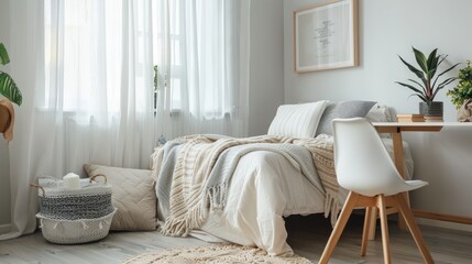 Cozy bedroom with white bed, wooden chair, and plant.