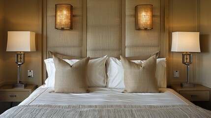 Luxurious bedroom interior with plush bedding and bedside lamps.