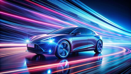 Obraz premium A sleek futuristic car leaving a trail of vibrant light on a dark road. The dynamic design evokes a sense of speed and innovation, perfect for highlighting your futuristic projects.