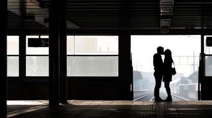Fototapeta premium Lovers Kissing At Train Station