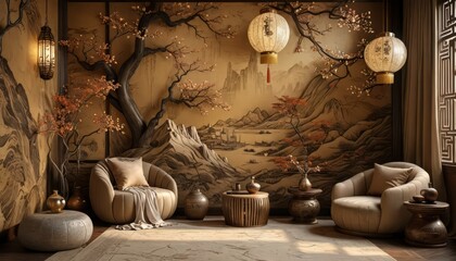 Traditional Chinese Interior Design with Lanterns and Floral Wall Art.